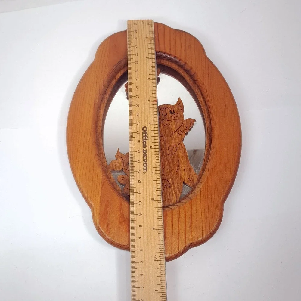 Vintage Wood cat wall mirror oval butterfly flower kitty kitten cottagecore cute